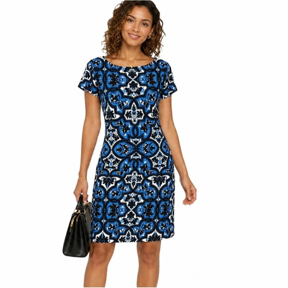 LAVANYA Size Medium Blue Baroque Tile Short Sleeve Jersey Stretch Sheath Dress